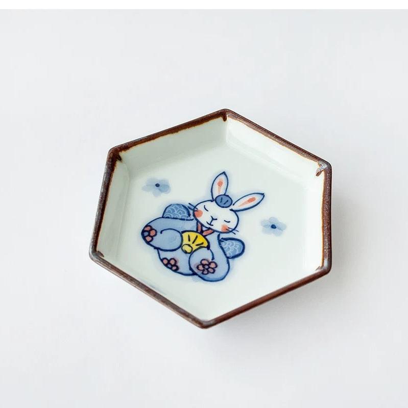 Hand-Painted Rabbit Hexagonal Plate